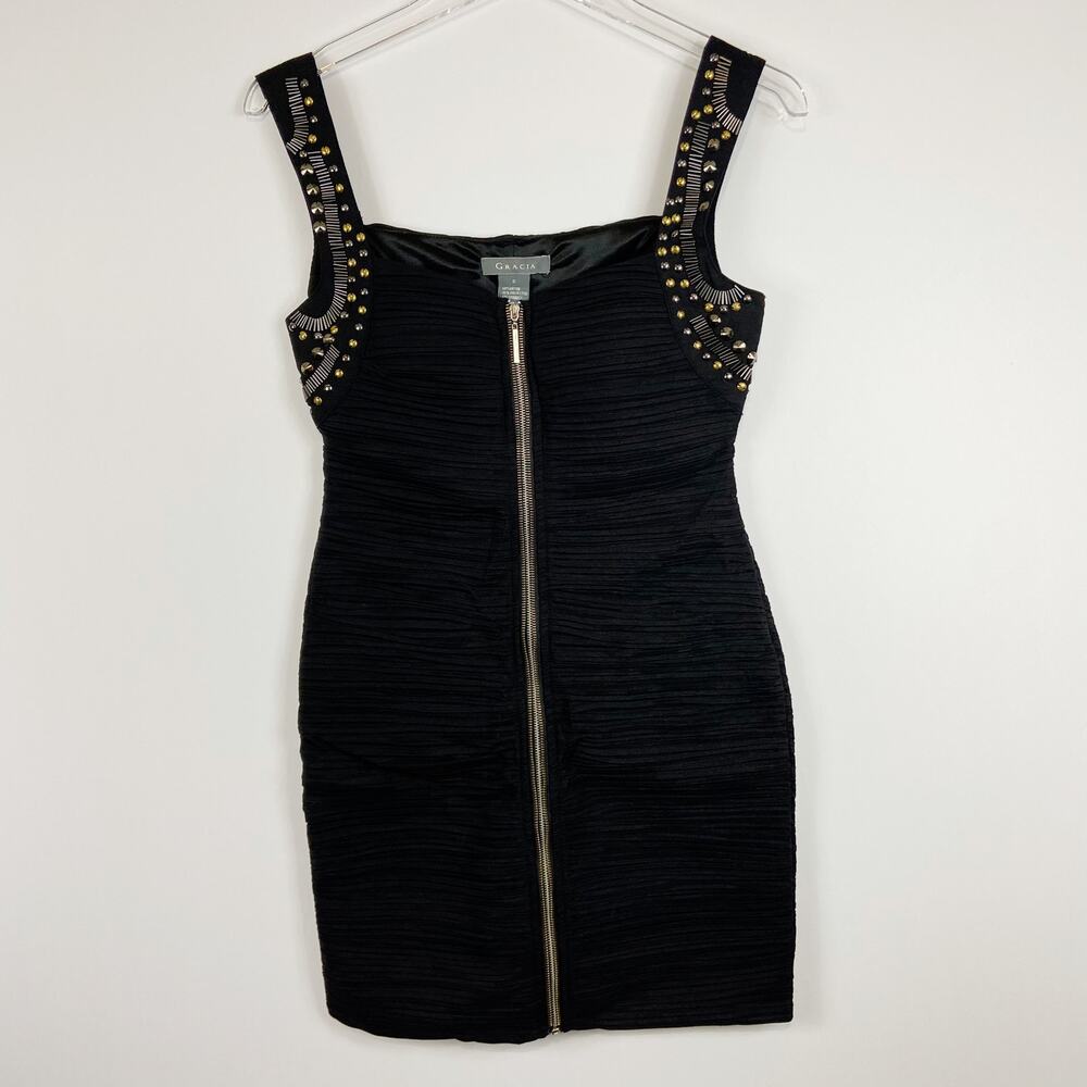 Gracia black ruched zipper front dress sz Small
